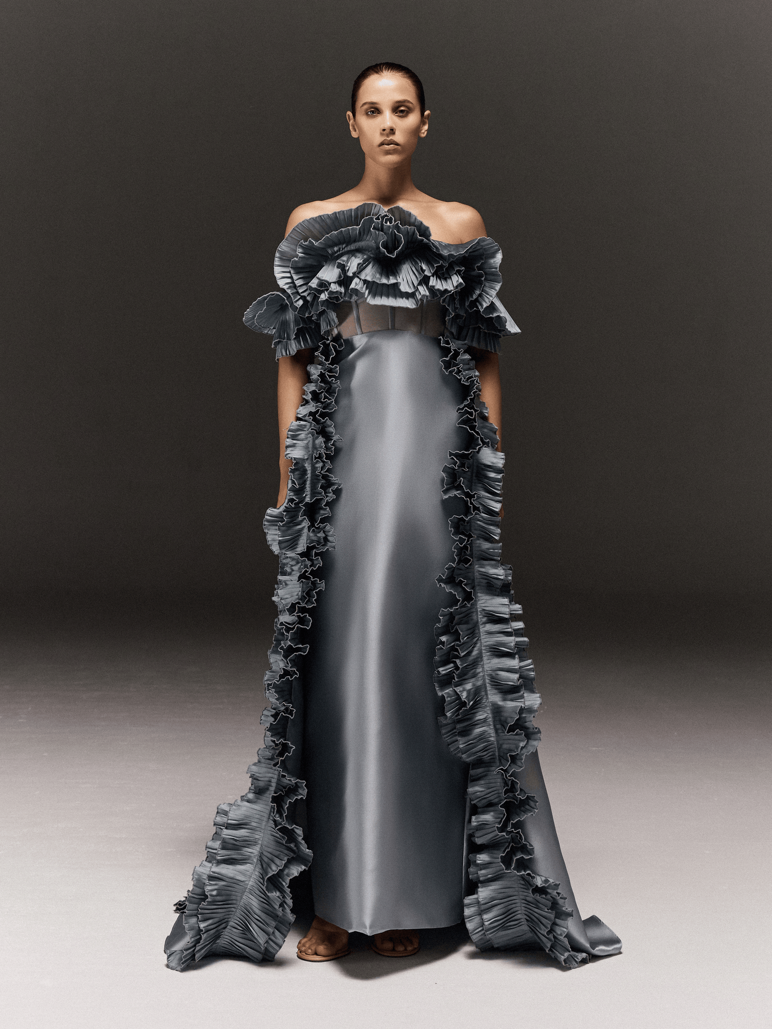 ICE BLUE CORSET TUBE DRESS WITH RUFFLED CAPE