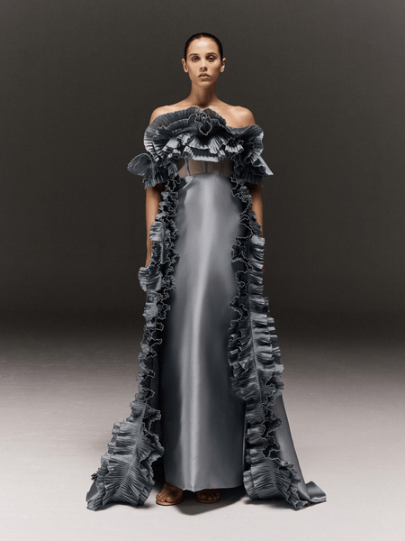 ICE BLUE CORSET TUBE DRESS WITH RUFFLED CAPE