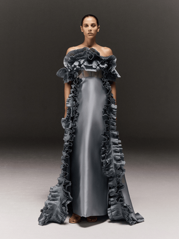 ICE BLUE CORSET TUBE DRESS WITH RUFFLED CAPE