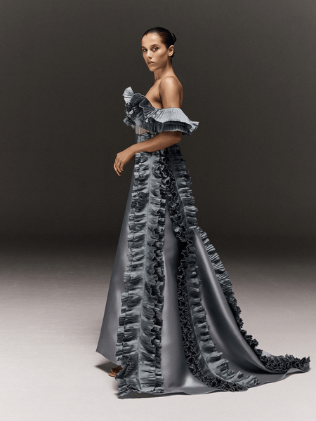 ICE BLUE CORSET TUBE DRESS WITH RUFFLED CAPE