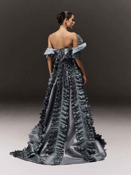 ICE BLUE CORSET TUBE DRESS WITH RUFFLED CAPE