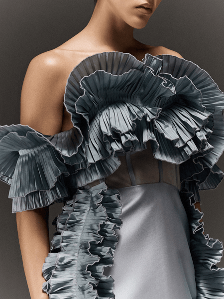 ICE BLUE CORSET TUBE DRESS WITH RUFFLED CAPE