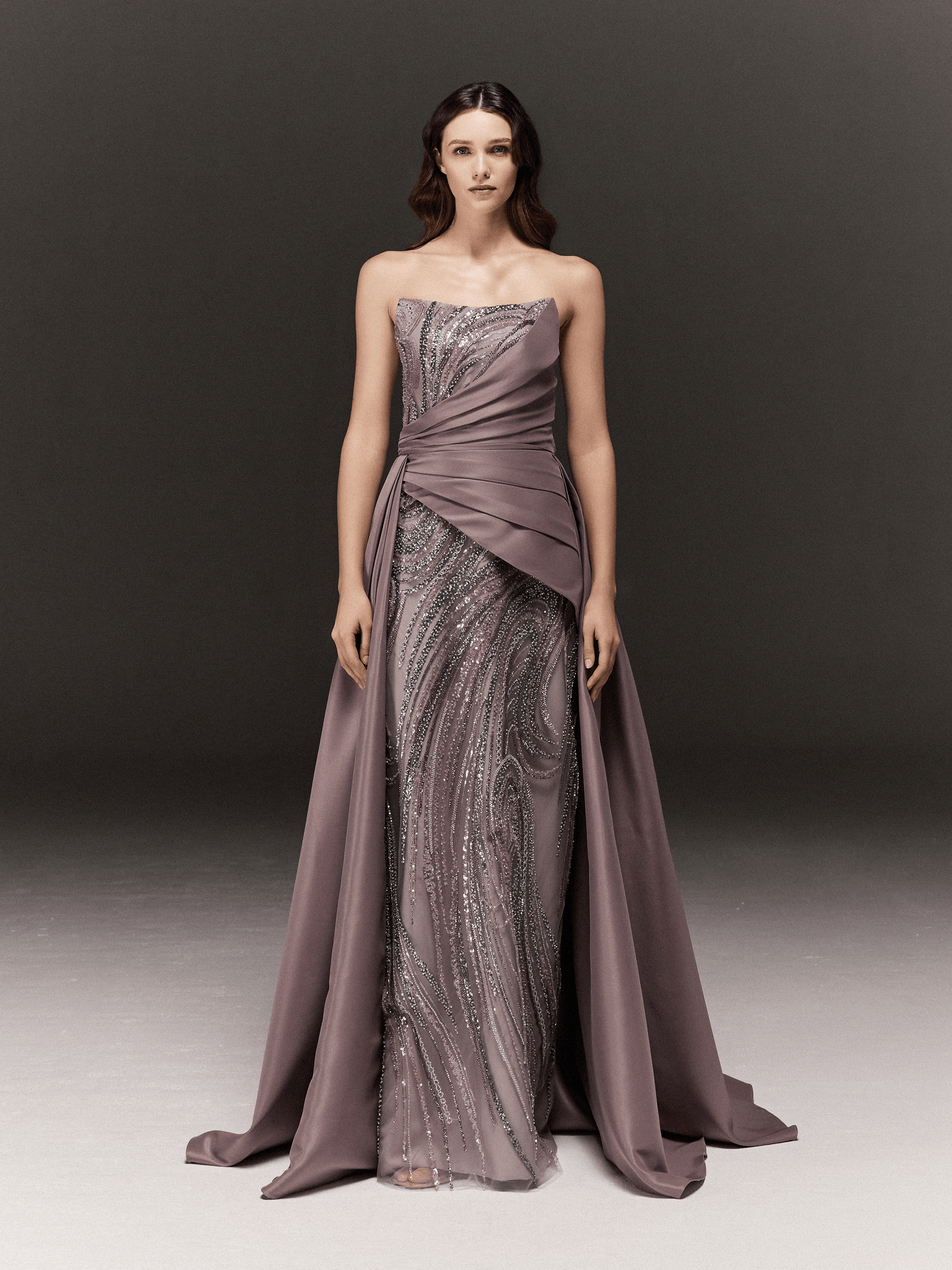 LILAC AND GREY TWO TONED EMBROIDERED TUBE DRESS WITH DRAPED TRAIL