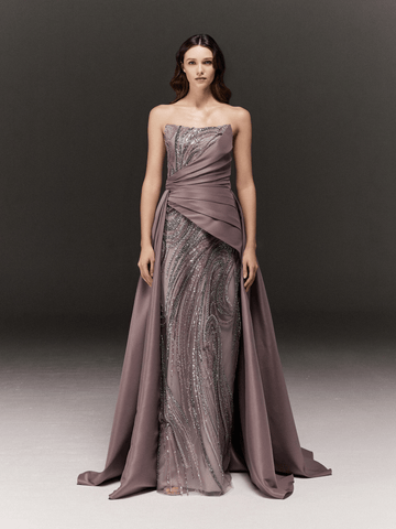 LILAC AND GREY TWO TONED EMBROIDERED TUBE DRESS WITH DRAPED TRAIL