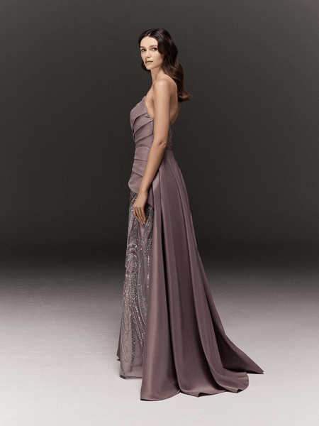 LILAC AND GREY TWO TONED EMBROIDERED TUBE DRESS WITH DRAPED TRAIL