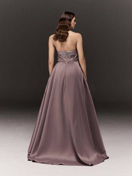 LILAC AND GREY TWO TONED EMBROIDERED TUBE DRESS WITH DRAPED TRAIL