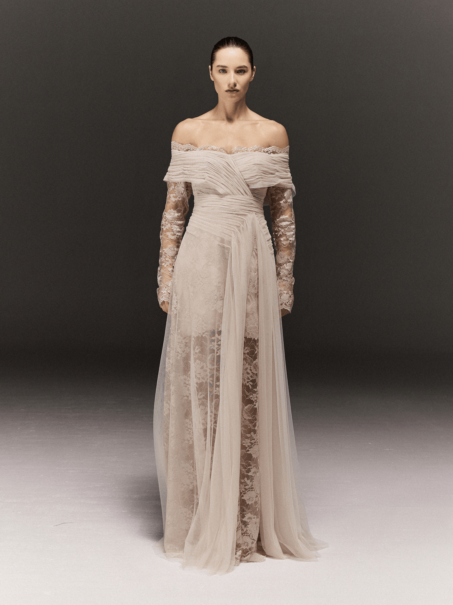 OFF-WHITE LACE AND TULLE SEMI FITTED FULL SLEEVES DRESS WITH DRAPED TRAIL