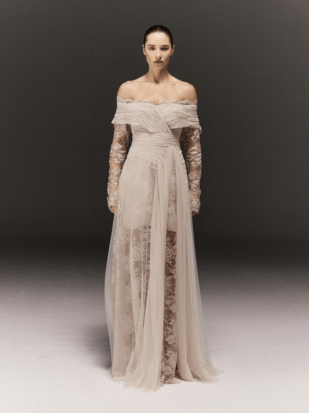 OFF-WHITE LACE AND TULLE SEMI FITTED FULL SLEEVES DRESS WITH DRAPED TRAIL