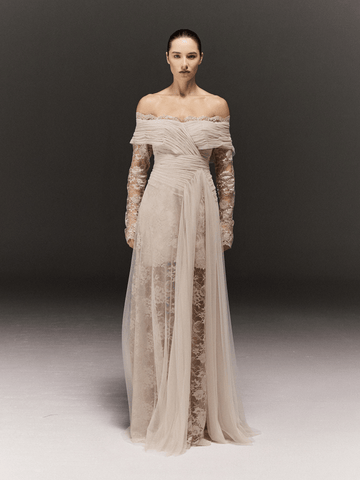 OFF-WHITE LACE AND TULLE SEMI FITTED FULL SLEEVES DRESS WITH DRAPED TRAIL