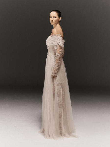 OFF-WHITE LACE AND TULLE SEMI FITTED FULL SLEEVES DRESS WITH DRAPED TRAIL