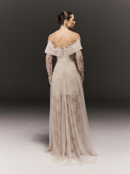OFF-WHITE LACE AND TULLE SEMI FITTED FULL SLEEVES DRESS WITH DRAPED TRAIL