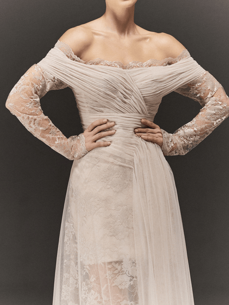 OFF-WHITE LACE AND TULLE SEMI FITTED FULL SLEEVES DRESS WITH DRAPED TRAIL