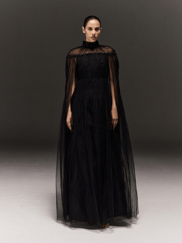 BLACK TULLE GATHERED DRESS WITH EMBROIDERED OVERLAY