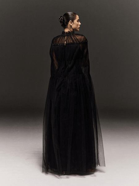BLACK TULLE GATHERED DRESS WITH EMBROIDERED OVERLAY