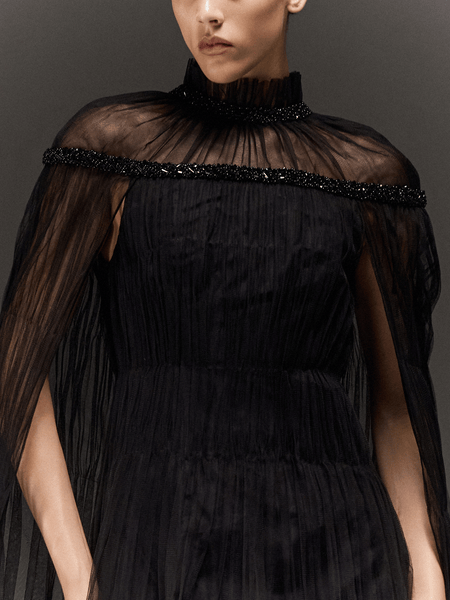 BLACK TULLE GATHERED DRESS WITH EMBROIDERED OVERLAY