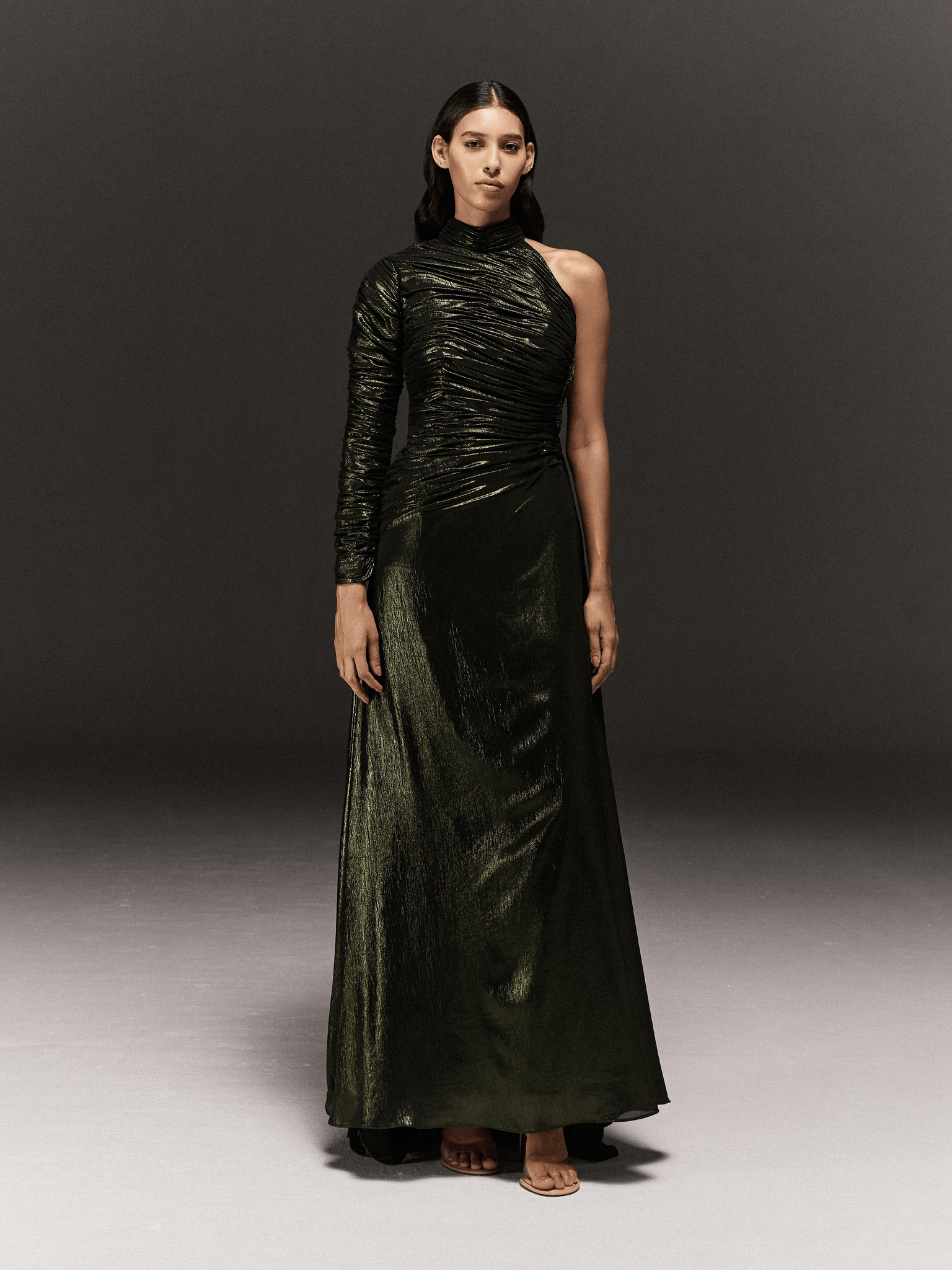 GREEN GATHERED METALLIC CREPE DRAPED DRESS WITH EMBROIDERY