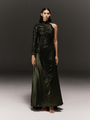 GREEN GATHERED METALLIC CREPE DRAPED DRESS WITH EMBROIDERY