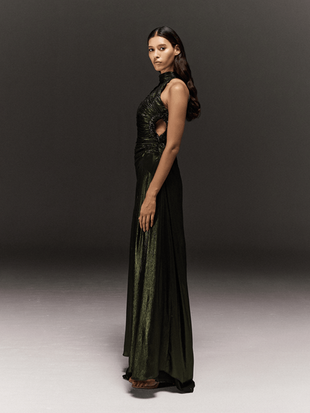 GREEN GATHERED METALLIC CREPE DRAPED DRESS WITH EMBROIDERY