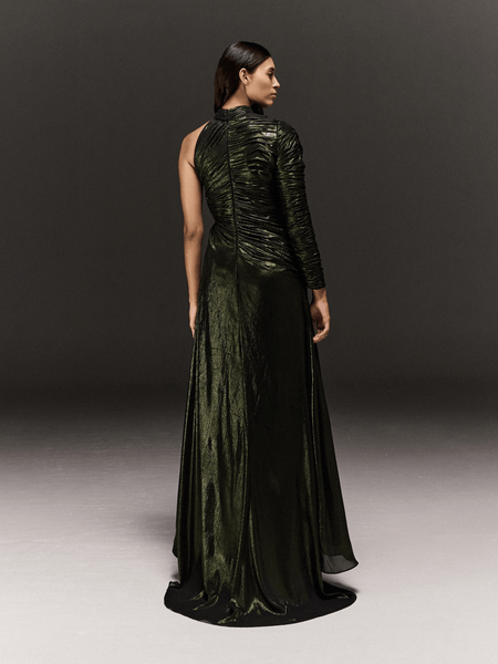 GREEN GATHERED METALLIC CREPE DRAPED DRESS WITH EMBROIDERY