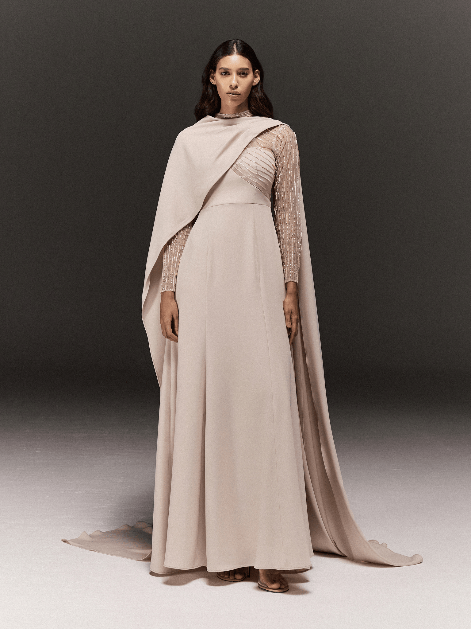 CREAM DRAPED MERMAID DRESS IN CREPE WITH SHEER HAND EMBROIDERED SLEEVES