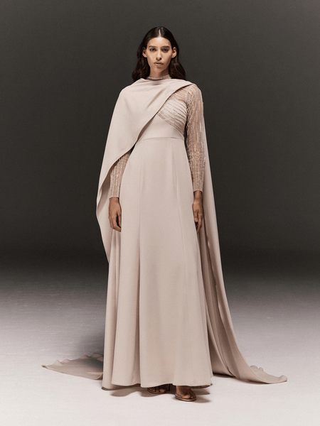 CREAM DRAPED MERMAID DRESS IN CREPE WITH SHEER HAND EMBROIDERED SLEEVES