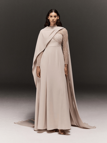 CREAM DRAPED MERMAID DRESS IN CREPE WITH SHEER HAND EMBROIDERED SLEEVES