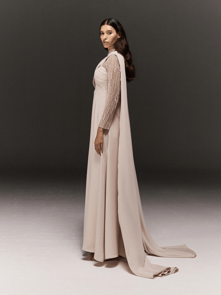 CREAM DRAPED MERMAID DRESS IN CREPE WITH SHEER HAND EMBROIDERED SLEEVES