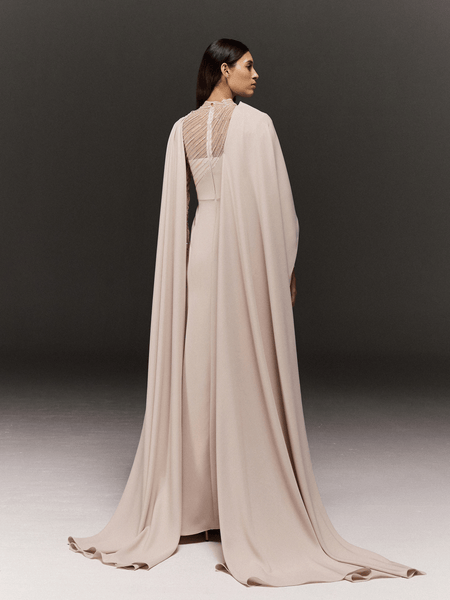 CREAM DRAPED MERMAID DRESS IN CREPE WITH SHEER HAND EMBROIDERED SLEEVES