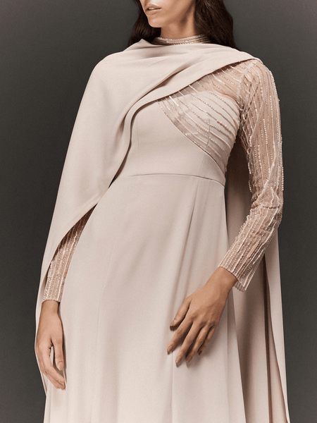 CREAM DRAPED MERMAID DRESS IN CREPE WITH SHEER HAND EMBROIDERED SLEEVES
