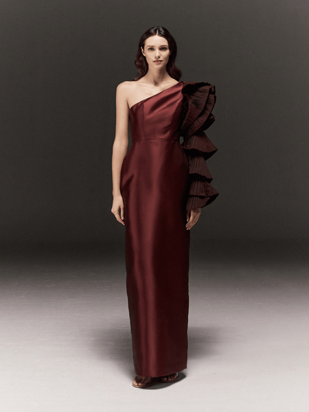 MAROON SATIN PENCIL FIT ONE SHOULDER DRESS WITH RUFFLED SLEEVE