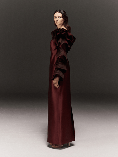 MAROON SATIN PENCIL FIT ONE SHOULDER DRESS WITH RUFFLED SLEEVE