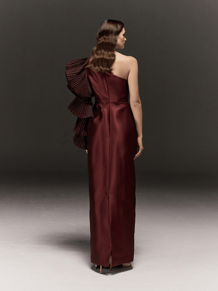 MAROON SATIN PENCIL FIT ONE SHOULDER DRESS WITH RUFFLED SLEEVE