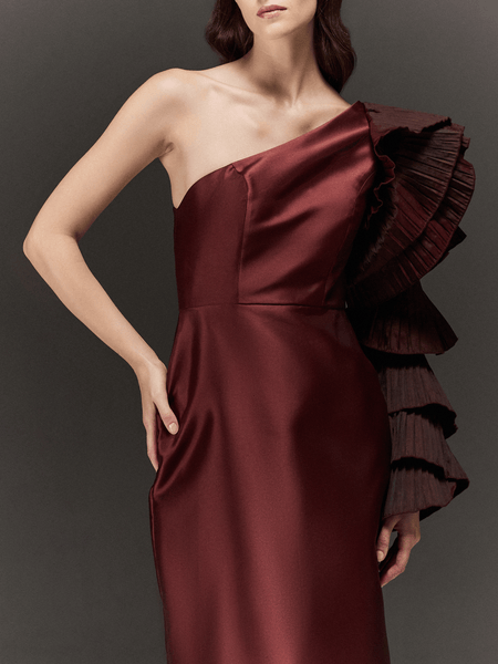 MAROON SATIN PENCIL FIT ONE SHOULDER DRESS WITH RUFFLED SLEEVE