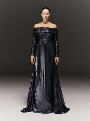 BLUE METALLIC GATHERED STRAIGHT CUT DRESS WITH TRAIL