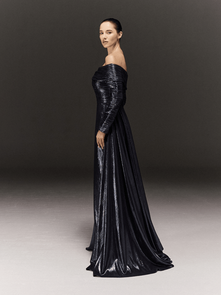 BLUE METALLIC GATHERED STRAIGHT CUT DRESS WITH TRAIL