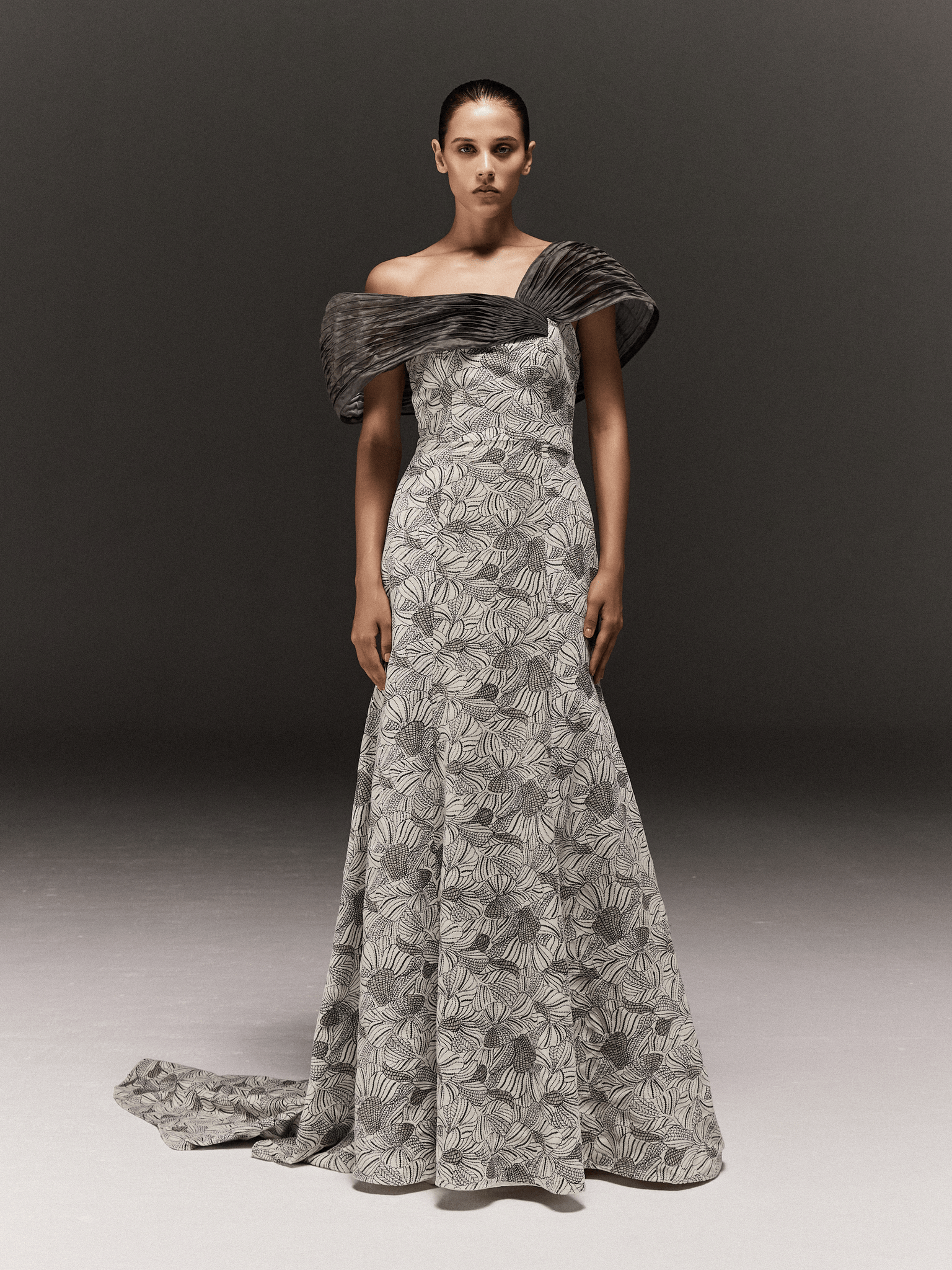 WHITE AND BLACK EMBROIDERED VELVET EXAGGERATED TRAIL DRESS WITH GREY OVERLAY