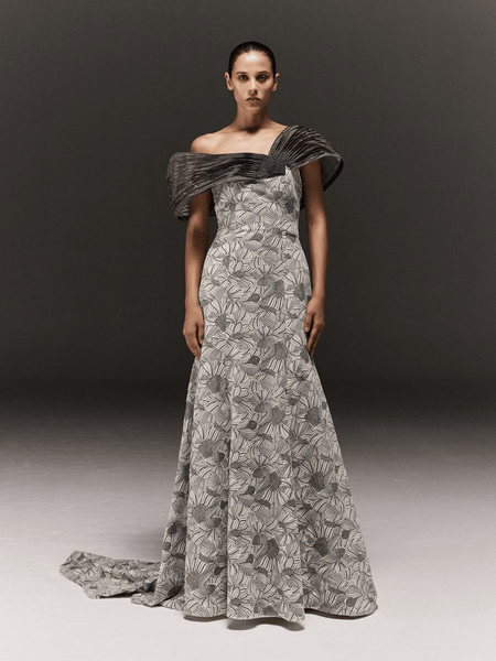 WHITE AND BLACK EMBROIDERED VELVET EXAGGERATED TRAIL DRESS WITH GREY OVERLAY