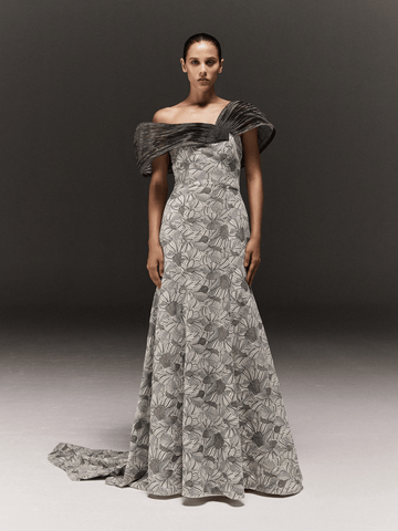 WHITE AND BLACK EMBROIDERED VELVET EXAGGERATED TRAIL DRESS WITH GREY OVERLAY