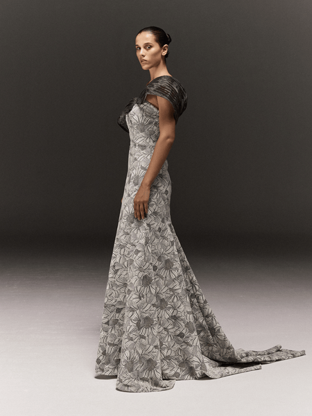 WHITE AND BLACK EMBROIDERED VELVET EXAGGERATED TRAIL DRESS WITH GREY OVERLAY