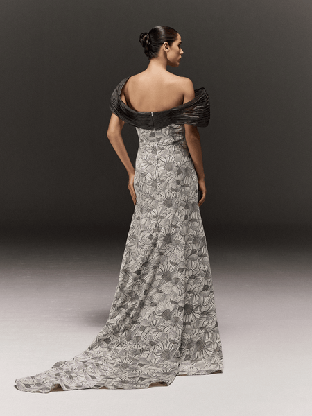 WHITE AND BLACK EMBROIDERED VELVET EXAGGERATED TRAIL DRESS WITH GREY OVERLAY