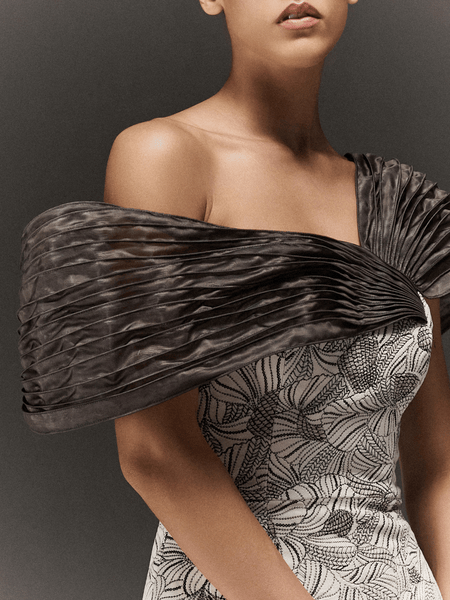 WHITE AND BLACK EMBROIDERED VELVET EXAGGERATED TRAIL DRESS WITH GREY OVERLAY