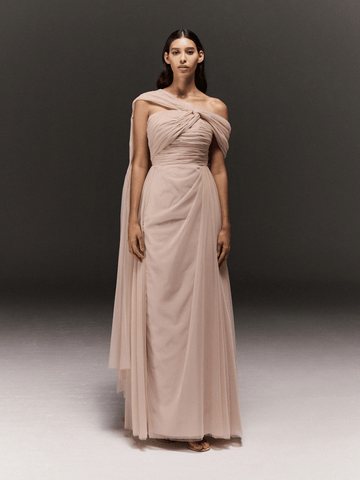 LIGHT PINK SOFT TULLE KNOTTED DRAPE SEMI FIT DRESS
