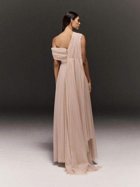 LIGHT PINK SOFT TULLE KNOTTED DRAPE SEMI FIT DRESS