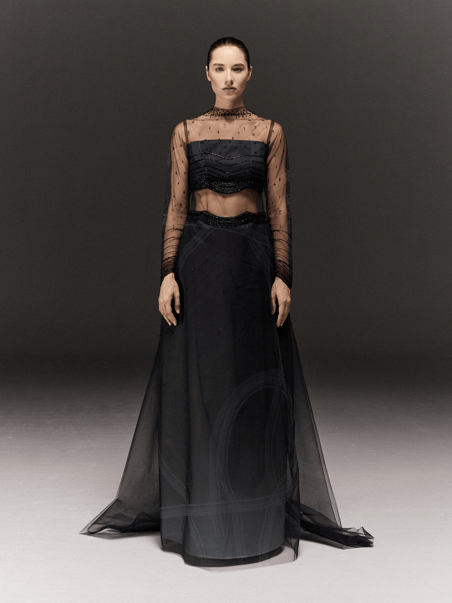 BLACK TULLE AND SATIN PRINTED A-LINE DRESS WITH EMBROIDERY