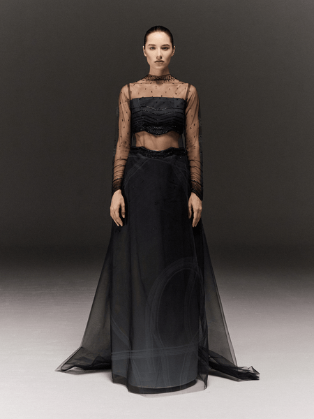 BLACK TULLE AND SATIN PRINTED A-LINE DRESS WITH EMBROIDERY