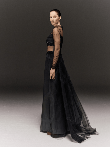 BLACK TULLE AND SATIN PRINTED A-LINE DRESS WITH EMBROIDERY