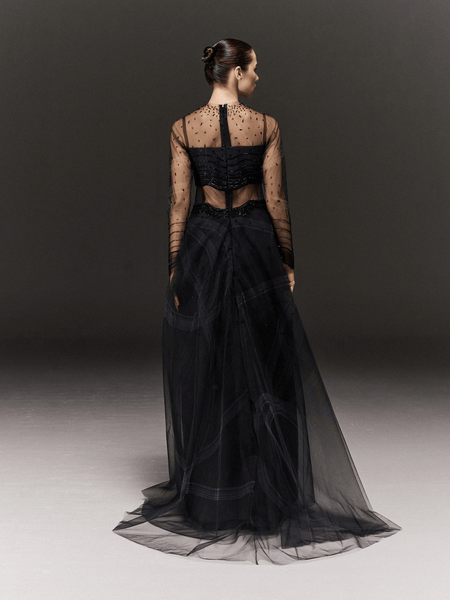 BLACK TULLE AND SATIN PRINTED A-LINE DRESS WITH EMBROIDERY