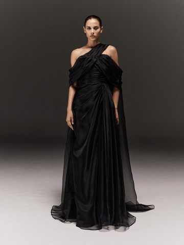 BLACK DRAPED METALLIC TULLE SEMI FIT DRESS
