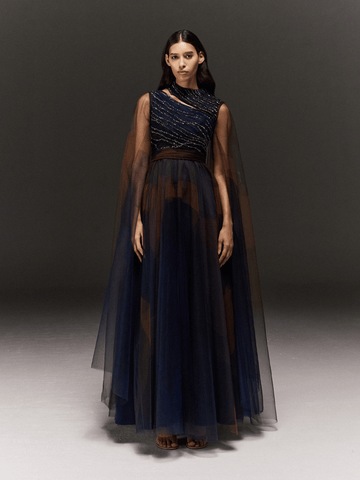 BLUE AND BROWN PRINTED AND HAND EMBROIDERED DRAPED AND FLARED DRESS WITH SLEEVE TRAILS