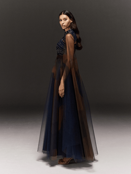 BLUE AND BROWN PRINTED AND HAND EMBROIDERED DRAPED AND FLARED DRESS WITH SLEEVE TRAILS